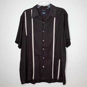 Haggar Mens L Brown Short Sleeve Button Up Shirt Washable Linen Blend